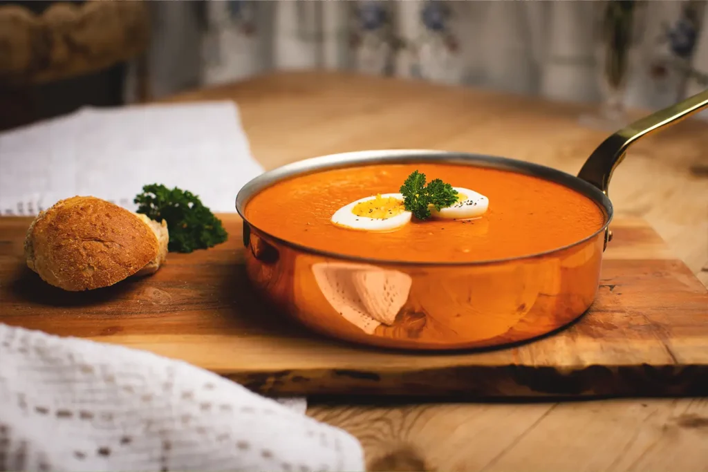 A tomato soup with an egg on top served for catering events.