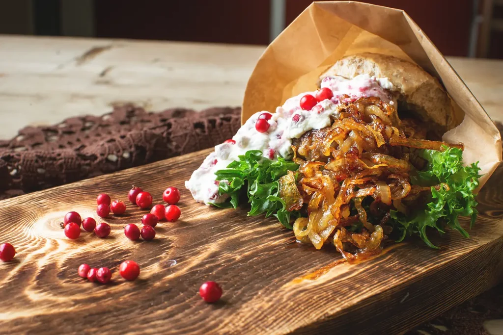 A wooden board with a burger topped with onions and pomegranate.